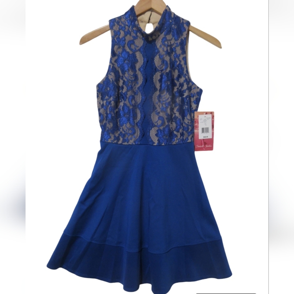 Women's Emerald Sundae Fit & Flare Royal Blue Lace Mock Neck Dress - Size M